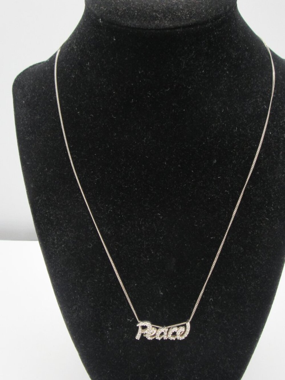 Sterling Silver PEACE Script In Cursive Necklace w/Rhinestones 19"
